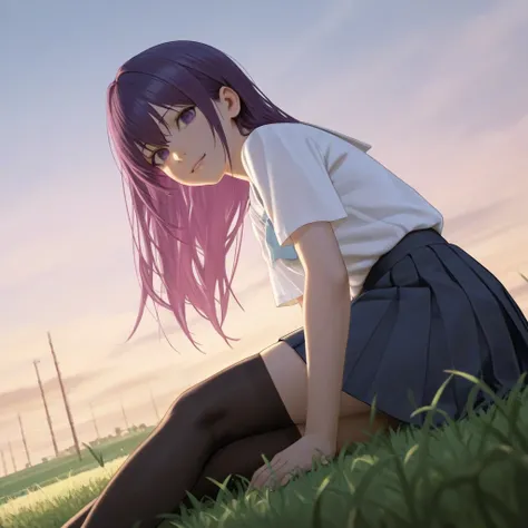 A young 18-year-old girl with purple hair sits on the grass in a grassy field. She wears a school uniform consisting of a white blouse, a dark pleated skirt, and knee-high socks. The scene is cinematic with realistic lighting, capturing an anime-style aest...