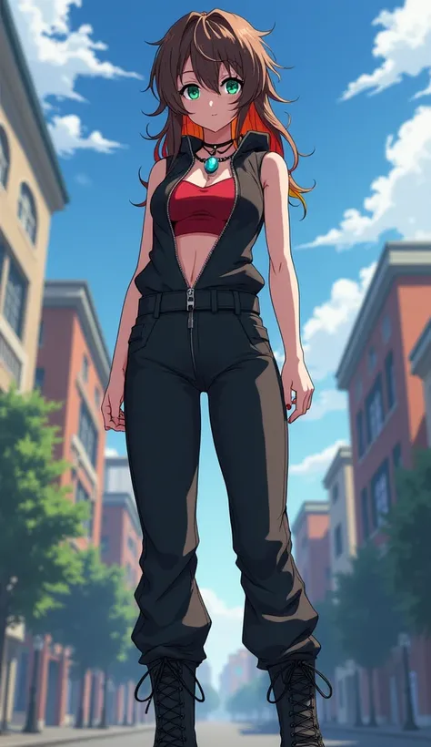 Anime tomboy taller than buildings long brown rough hair right eye covered by red, orange, and yellow highlights in her hair green left eye blue fire charm necklace with ruby black high-collared, sleeveless zipped down jumpsuit with black side paneling blu...