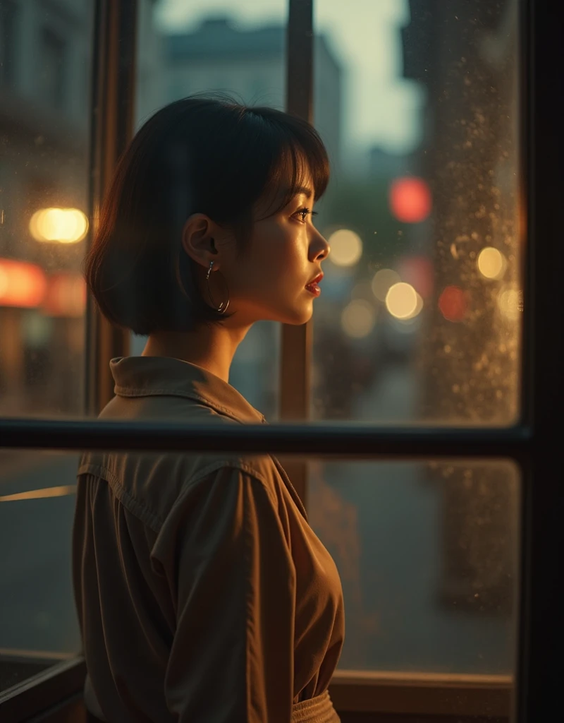 Panoramic composition. In the evening with a cinematic style. Through the glass, one can see an Asian woman with short brown hair standing in a dim interior. She has a perfect figure with a very thin waist. She is wearing a brown silk collared shirt and a ...