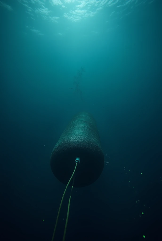 A deep-sea hydrophone floating in the vast darkness of the Pacific Ocean, recording an unknown and powerful sound. The deep blue water is eerie and mysterious, with faint glowing bioluminescent creatures in the distance. The scene feels ominous, as if some...