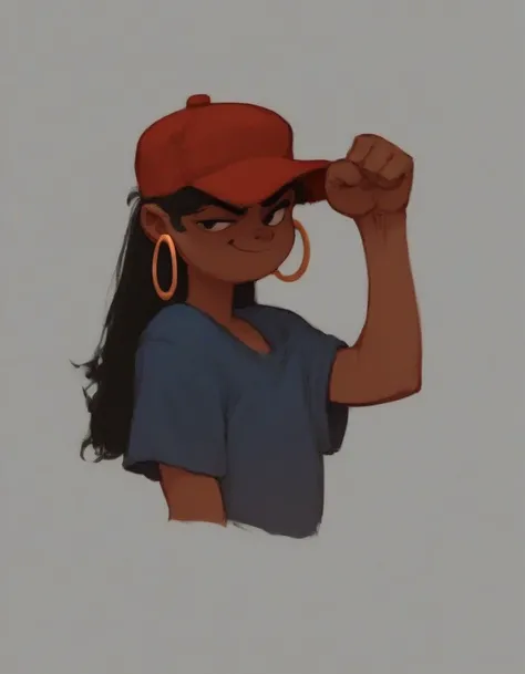 1girl, numbuh5, red hat, blue long shirt, brown skin,  hoop earrings, black hair, cool pose,  bldmn,  smirk, 