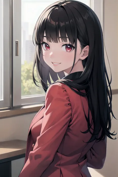 best quality, masterpiece, portrait, (close up:1.2), upper body, arms behind back, pov,
1girl, jabami yumeko, school uniform, blunt bangs, black hair, red jacket, indoors, classrooom, smile, backwards, looking back
