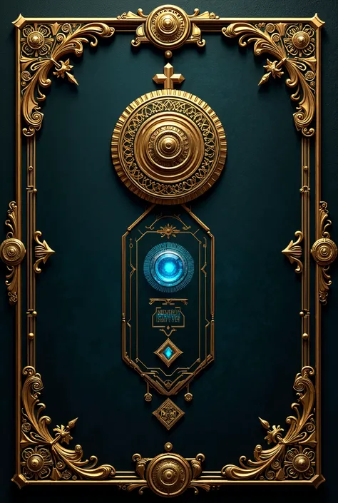 A first-person shooter HUD interface in dark orthodox christian style, golden decorative frame with cogwheel pattern,  
  gold orthodox pattern 。
The armor indicator is an orthodox icon with a gold frame and a cog with blue energy
The small orthodox icon i...