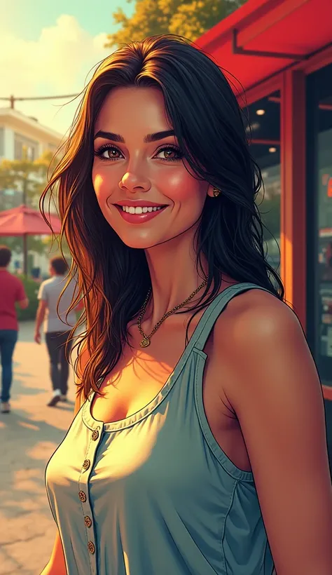 DISCREET image. with discreet casual clothes. image adult woman, american, comic book style. SHE IS HAPPY, with a discreet smile. IMAGES WITH VIBRANT COLORS.