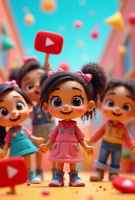 Make an advertisement with several little dolls and YouTube logo asking to sign up with an upbeat background 