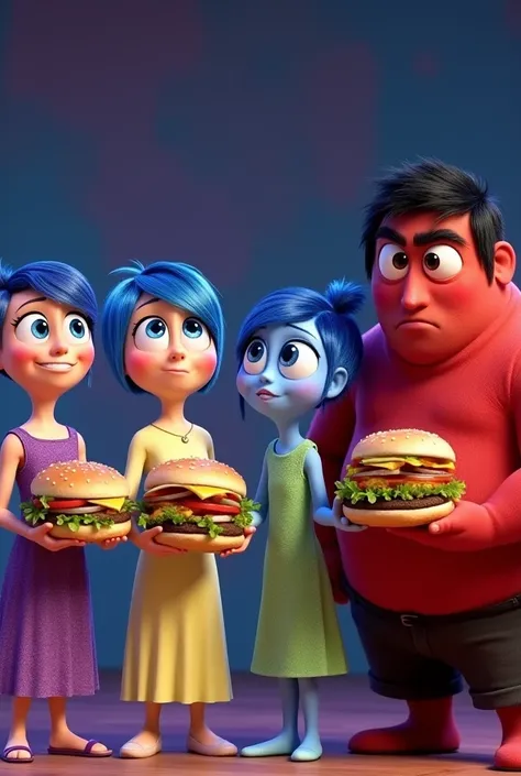 Create an image featuring the characters from Inside Out: Joy, Disgust, Sadness, and Anger, all standing together, each holding a medium-sized hamburger. Joy should have her signature bright smile, with an excited and cheerful expression. Disgust should ma...