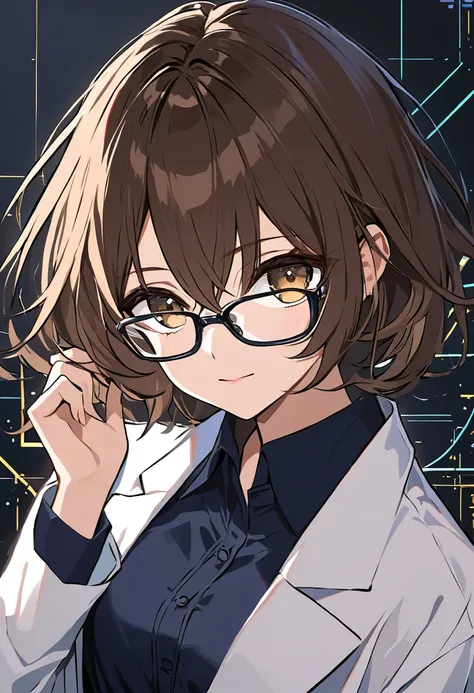 Female + brown hair + hazel eyes + glasses + lab coat + dark blue dress shirt + black trousers + solo + lab background 