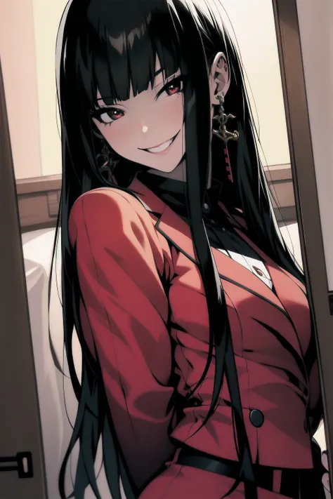 best quality, masterpiece, portrait, (close up:1.2), upper body, arms behind back, pov,
1girl, jabami yumeko, school uniform, blunt bangs, black hair, red jacket, indoors, classrooom, smile, backwards, looking back
