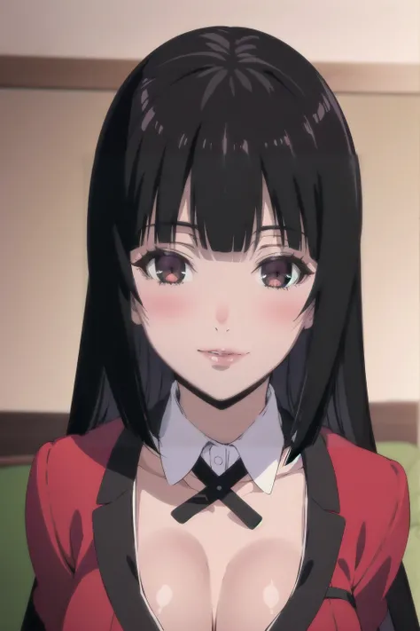 best quality, masterpiece, portrait, (close up:1.2), upper body, arms behind back, pov,
1girl, jabami yumeko, school uniform, blunt bangs, black hair, red jacket, indoors, classrooom, smile, look at viwer