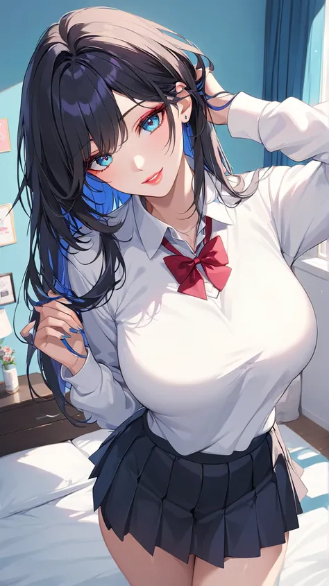  highest quality 　 masterpiece　 high resolution sweatshirt　 masterpiece,  messy black hair , thick and beautiful ,  hair with a stripe in the middle  　 blue eyes, Seductive lips,  Provocative smile, long sleeve white school uniform ,  top short that stands...