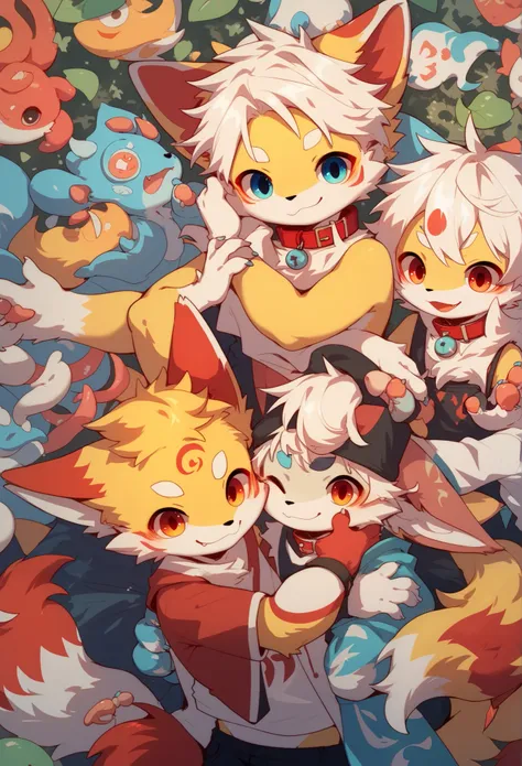  Fox Boy ， Furry Boy， toddlers， white hair ，Nine Tails， yellow skin，Intang Red Dot ，Red collar ，