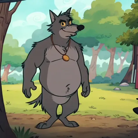 score_9, score_8_up, score_7_up, score_6_up, score_5_up, score_4_up, source_furry, sheriffofNotRH, semi-anthro, male, wolf, grey fur, naked, nude, yellow sclera, black eyes, standing, in forest,facing viewer, full body, screencap