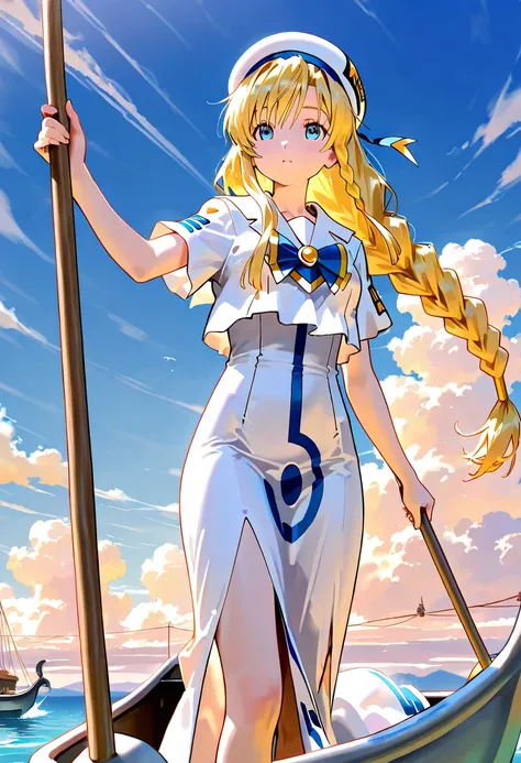 alicia, Aria the Animation, blond hair, blue eyes, single braid, aria company uniform, beret, blouse, bowtie, brooch, sailor collar, short sleeves, long dress, dress, side slit, sunshine , Cumulonimbus clouds, blue sky, she is standing on a white gondola, ...