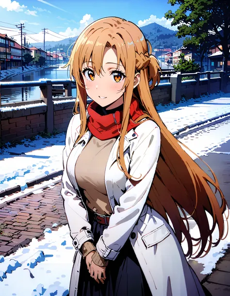 Asuna Yuki , bangs,Alone,  braided, Hair,  brown eyes,single  braided,Medium breast,smile,blush, open their mouths, red scarf,White Down Coat , ( sweater :1.2),( turtleneck:1.2), long skirt ,  boots, standing,snow,whole bodyがイラストに入るように, break looking at vi...