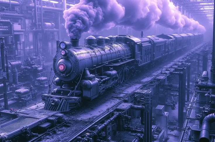 A train running inside a steam engine plant