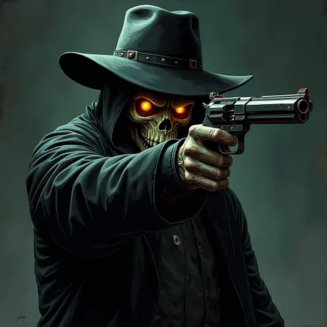 Ghost Gunslinger, eyes on fire, Rosto Cadavérico,  black clothes, scary, Point a gun , half body portrait,  semi realistic,  Illustration , comic style