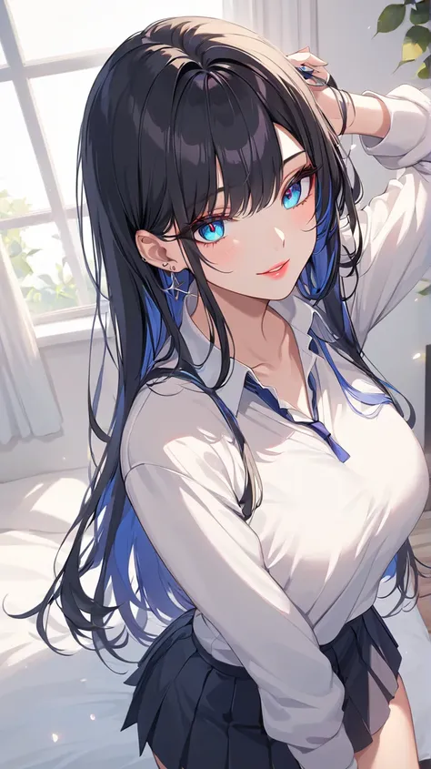  highest quality 　 masterpiece　 high resolution sweatshirt　 masterpiece,  messy black hair , thick and beautiful ,  hair with a stripe in the middle  　 blue eyes, Seductive lips,  Provocative smile, Sexy long sleeve white school uniform ,  top short that s...