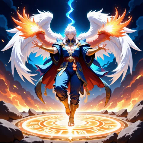 High quality,High Detailed,Male Character,Hands with five finger,Powerful Mage,Summoning Phenix,Magical Ambiant,Wearing Archmage Clothe Blue,Wings in the back,Flame on the Ground,levitating Runes,Casting Magic Circle,Starry Night,Rocks levitate,