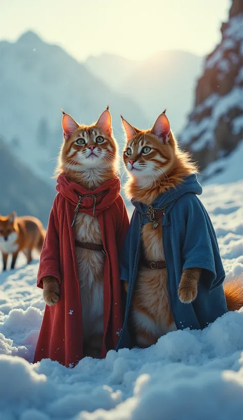 A cinematic photoshoot of two orange cats wearing wizard robes, close-up shot, standing on a snowy mountain peak, magical atmosphere, lens flare, sharp details on the cats, soft snowy background, cinematic lighting, fantasy vibes, a fox playing in the snow...