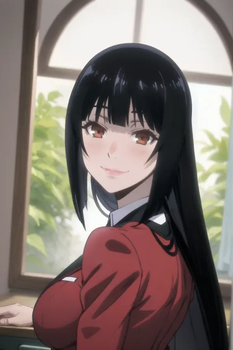 best quality, masterpiece, portrait, (close up:1.2), upper body, arms behind back, pov,
1girl, jabami yumeko, school uniform, blunt bangs, black hair, red jacket, indoors, classrooom, smile, backwards, looking back
