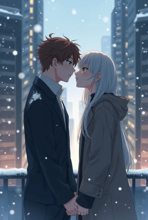 The moment a brown-haired green-eyed male uke and a slightly taller seme with gray-haired blond eyes are about to kiss as it snows at the top of an apartment building as the man looks helplessly at her with his coldly fried hands