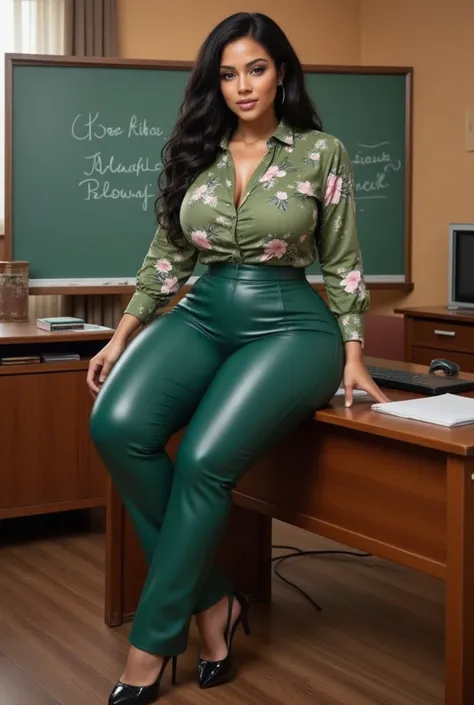 50-year-old mature sexy , mature 50 years old.  voluptuous and curvy body,  hourglass figure,  wasp waist,  wide hips,  thick thighs ,  huge butt, big busts, viste Katiana Faux Leather Flare Pants - green, Watch Me Bloom Shirt - green /combo,  wears shiny ...