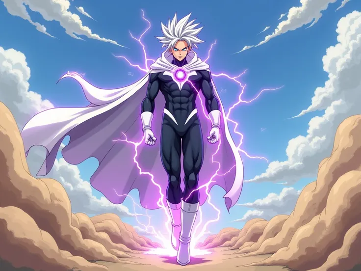 
A tall, muscular anime boy with white hair and blue eyes,  wears a tight black suit,  with white details , covering the legs and wrists .  white boots , white gloves, a white cape , And a symbol of lightning in the chest, FLYING THROUGH THE SKIES, with hi...