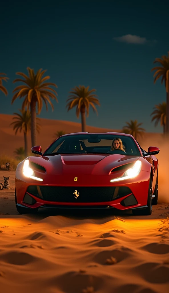 Image of a car, any Ferrari model, riding on desert sand, a setting suffused with heat with various local animals and arid environment, several coconut trees., And the cats ,  lights, 4K ,Headlights go up. Driver: a blonde woman with green eyes, night envi...