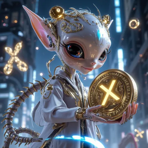 An adorable and playful alien shines with luxury and glamour. This being has a larger head and big, expressive eyes. Their skin glows in different colors based on surrounding energy.
They wear a stylish futuristic outfit made from advanced fabrics that cha...