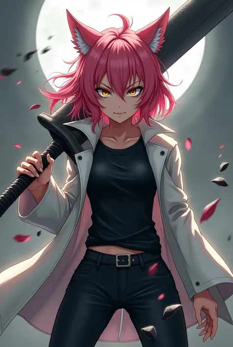  a werewolf girl anime,  fair skin ,  pink hair,  golden eyes, white coat,  black t-shirt,  black pants ,  serious and furious expression, wielding a heavy sword.
