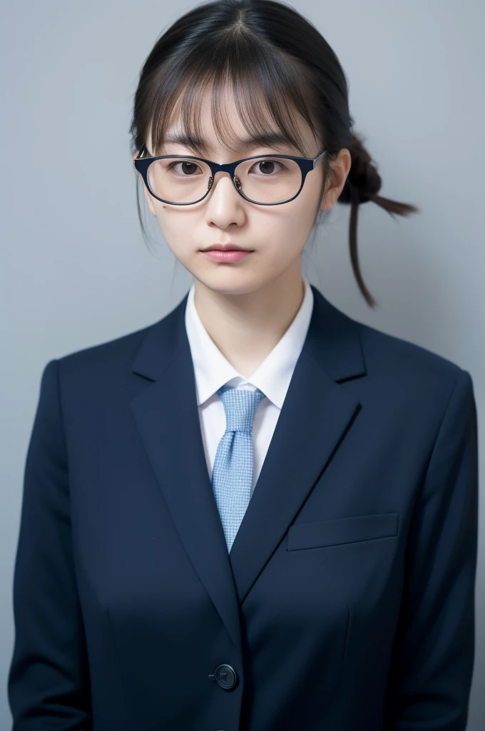  Japanese,28-year-old woman, black suit, hair tied at the back ,Straight bangs,No makeup,No smiles,Pale skin,Blue bag , ID photo, wearing glasses, facing the front