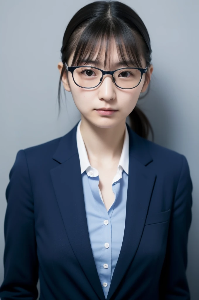  Japanese,28-year-old woman, black suit, hair tied at the back ,Straight bangs,No makeup,No smiles,Pale skin,Blue bag , ID photo, wearing glasses, facing the front