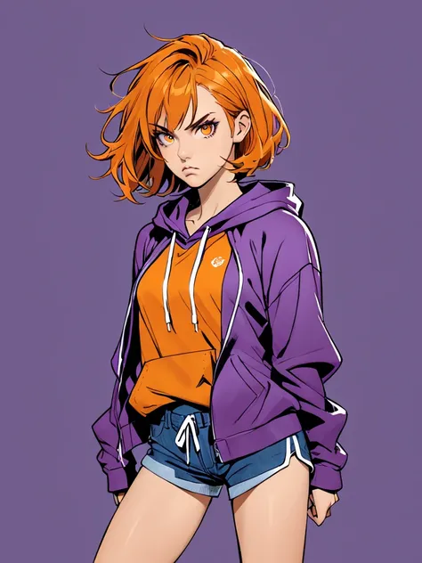  girl,  orange hair , bob hairstyle,  disheveled hair ,   serious look, Orange eyes ,  purple hoodie,  short shorts , sneakers