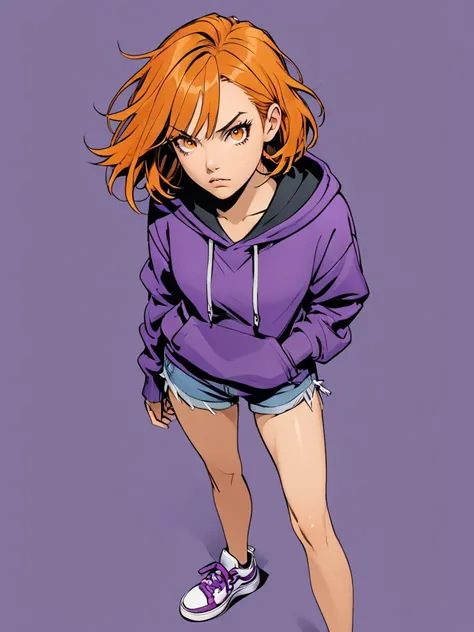  girl,  orange hair , bob hairstyle,  disheveled hair ,   serious look, Orange eyes ,  purple hoodie,  short shorts , sneakers