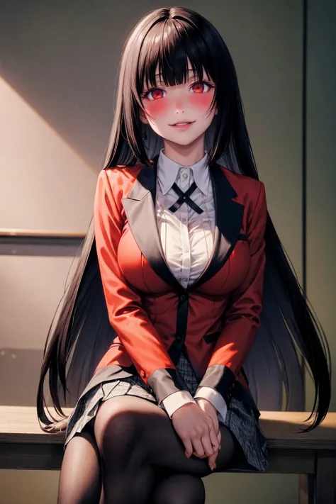 masterpiece, best quality, highres, hmjy1, long hair, blunt bangs, , red jacket, black pantyhose, white shirt, black ribbon, pleated skirt, long sleeves, cowboy shot, glowing eyes, blush, evil smile, sitting, classroom, dark background, crossed legs,