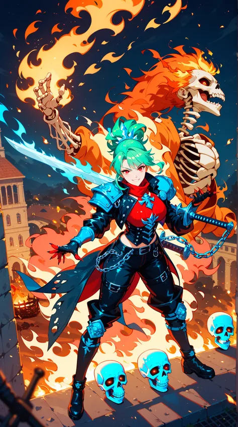    stands next to a burning bear skeleton warrior  ， red-hot eyes  ，  and re-stitched with different leather and chain patches  ，  emits faint flames and bright cyan glow on her bones。  draped over her shoulder a heavy greenish big sword  ，  Her sword has ...