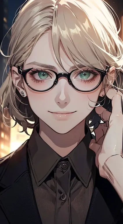 (1 man,  mature, Very beautiful, beautiful skin,  Expressive smile  , short blond and gray hair,  green eyes,  sharp eyes ,  Perfect face, businessperson, CEO,  office background,  Cinema lighting , HDR,  herself wearing glasses, gravata)