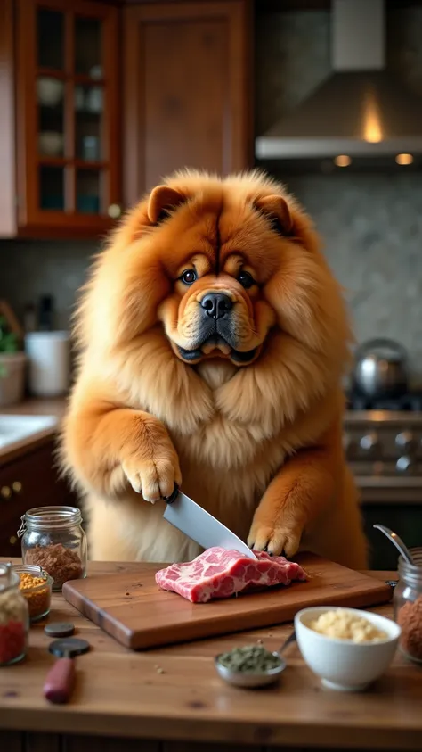 A fluffy Chow Chow dog is standing upright in a cozy kitchen, using a sharp knife to cut a piece of meat on a wooden cutting board. The dog's thick, golden fur contrasts with the warm lighting of the kitchen. Its expression is serious and focused, as if it...