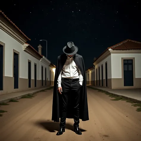 A man standing at a crossroads,  with houses in Portuguese colonial style, Dirt floor.  He keeps his head down, Wear a black fedora hat, Do you wear a white long-sleeved shirt, Inside the pants . Wear black pants and shoes. It has a long black cape coverin...