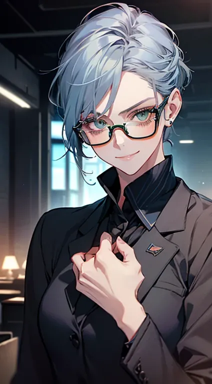 (1 man,  mature, Very beautiful, beautiful skin,  Expressive smile  , Short gray blue hair ,  green eyes,  sharp eyes ,  Perfect face, businessperson, CEO,  office background,  Cinema lighting , HDR,  herself wearing glasses, gravata)