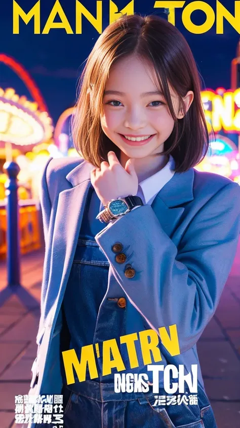 Emma Myers, whole body,  top quality, 1 girl, Alone, (Amusement park at night,  magazine cover ),  watches viewers, Intense Perspectives , Playing with the camera, smile, walk、Castle in the background、Summer clothes、