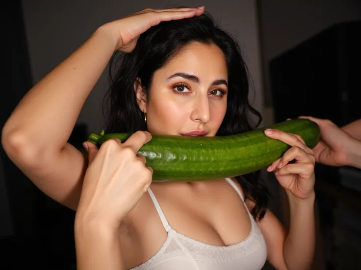 That attractive, shy young woman putting the whole thick cucumber in her mouth, salivating too much because the cucumber fills his entire mouth, with that see-through white linen underwear, black pantyhose, Garter stockings, lace pantyhose, exposed naked b...