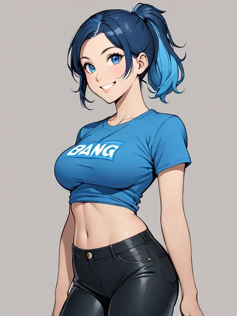  girl, ( blue hair ,  short hair, hairstyle high ponytail, bang, ) ( blue eyes,)  third breast size,  inflated body,  short shorts , blue t-shirt,  smiles broadly with black pants 