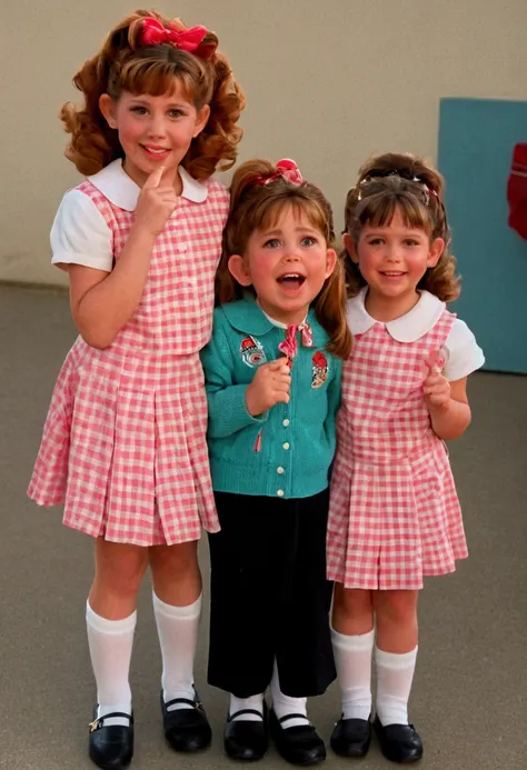 Chubby red-haired schoolgirls in Olivia Newton John style in the movie Grease