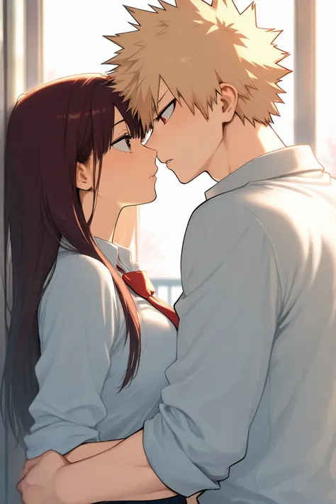 bakugo katsuki, girl with long auburn hair, couple, highschool, cute