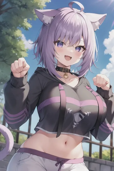 masterpiece, best quality, highres, purple hair, white shorts, standing, paw pose, smile, open mouth, park, outdoors, fangs, huge breasts, wide hips, thick thighs, aaokayu, short hair, ahoge, animal ears, cat tail, animal collar, black collar, collarbone, ...