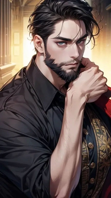 (   Better quality,4K,8k,   highres,   masterpiece:1.2),   ultra-detailed   ,(realistic,photorealistic,photo-realistic:1.37),36-year-old man,3 day beard,cute anime ,Portraits,strong,Masculine,   dark hair,sharp jaw,      mesmerizing eyes      ,   perfectly...