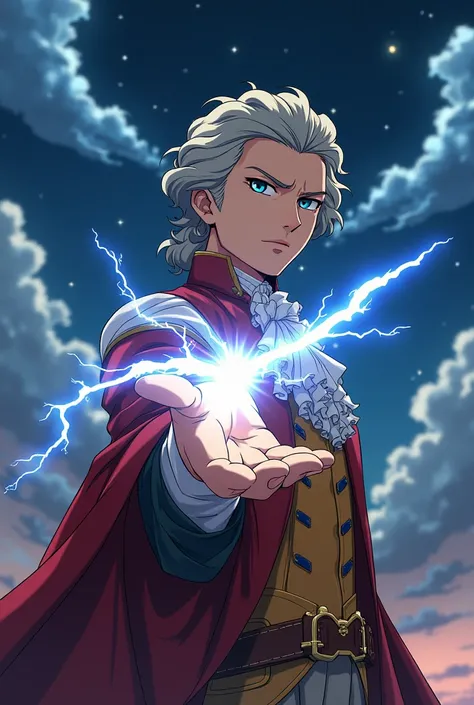  anime style, Mozart holding a compass pointing north in the form of a lightning bolt