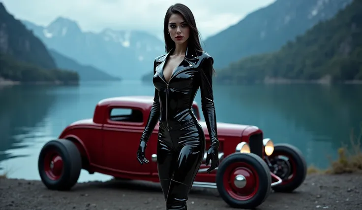 realistic photo , fetish woman standing , wearing shinny pvc pants , shinny pvc basque , shinny pvc biker jacket , wearing shinny pvc thigh high boots , shinny pvc long gloves , in parking next to moutain lake at dusk with ford 32 sedan hot rod