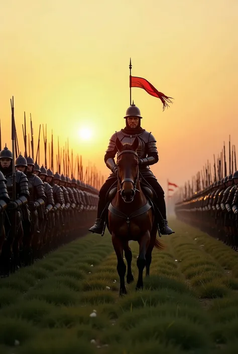 An army lined up at dawn is waiting in a field of green grass, and at their head there is a commander. Their commanders are watching the soldiers who are closer to us and higher up. Commanders display both a stern and disciplined appearance on horseback an...